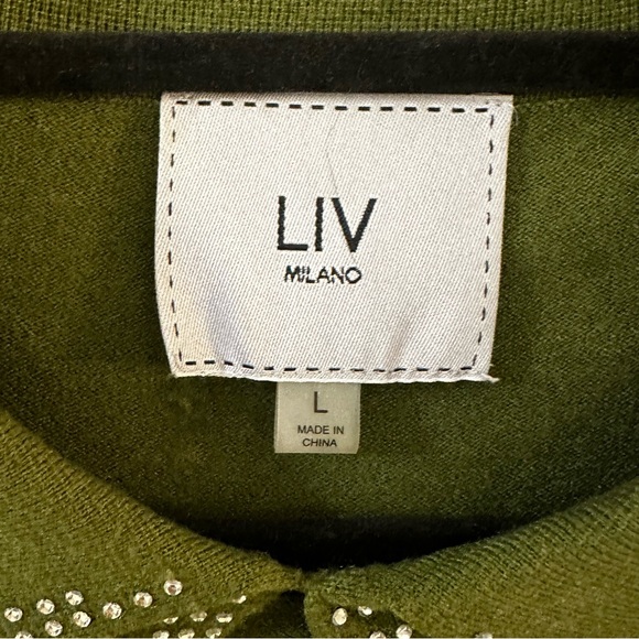 Liv Milano sweater rhinestone bow collar with keyhole olive green size Large - Picture 4 of 9
